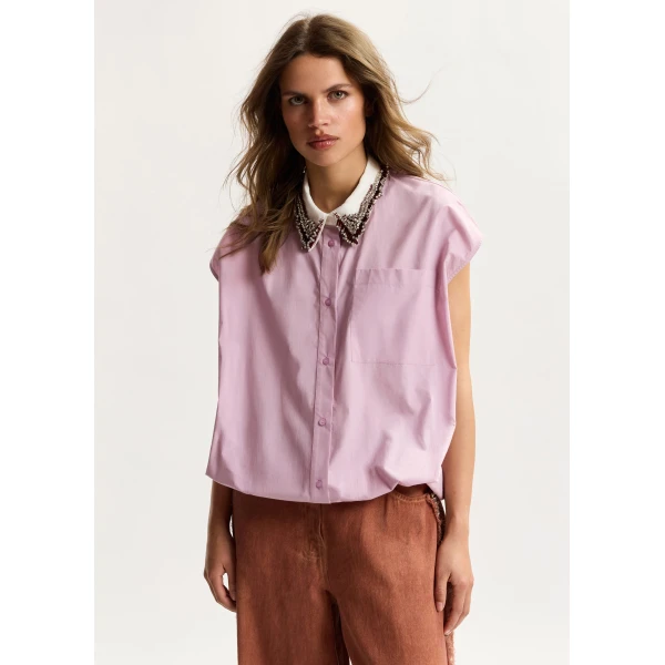 Essentiel Antwerp Lilac sleeveless cotton shirt with embellished collar, view 3