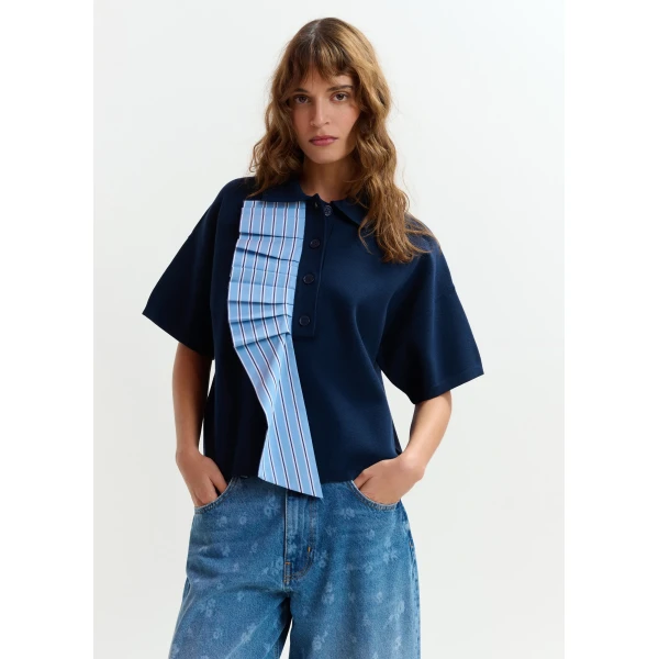 Essentiel Antwerp Navy and light blue ruffle fine-knit polo top, view 2