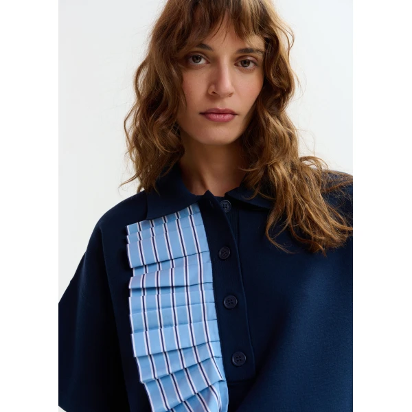 Essentiel Antwerp Navy and light blue ruffle fine-knit polo top, view 3