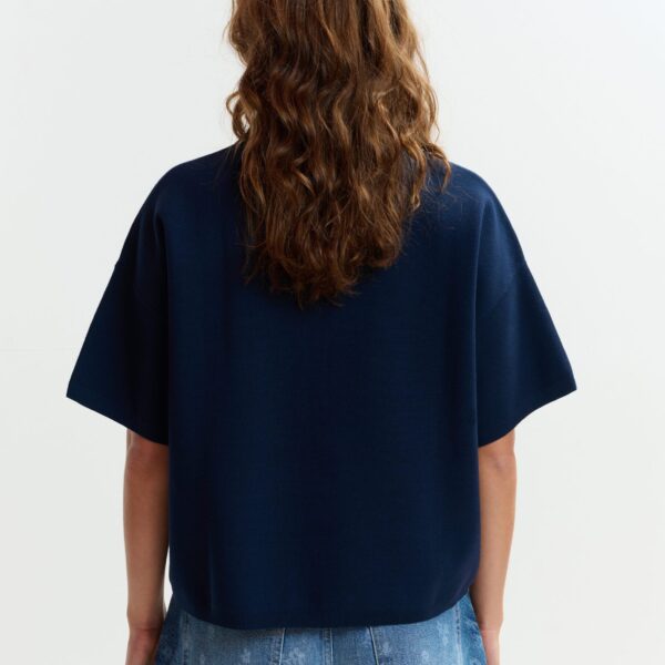 Essentiel Antwerp Navy and light blue ruffle fine-knit polo top, view 4