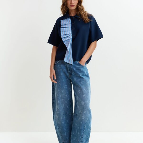Essentiel Antwerp Navy and light blue ruffle fine-knit polo top, view 5