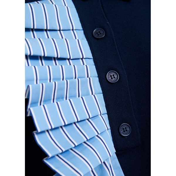 Essentiel Antwerp Navy and light blue ruffle fine-knit polo top, view 6