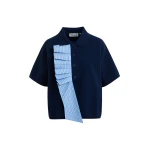Essentiel Antwerp Navy and light blue ruffle fine-knit polo top