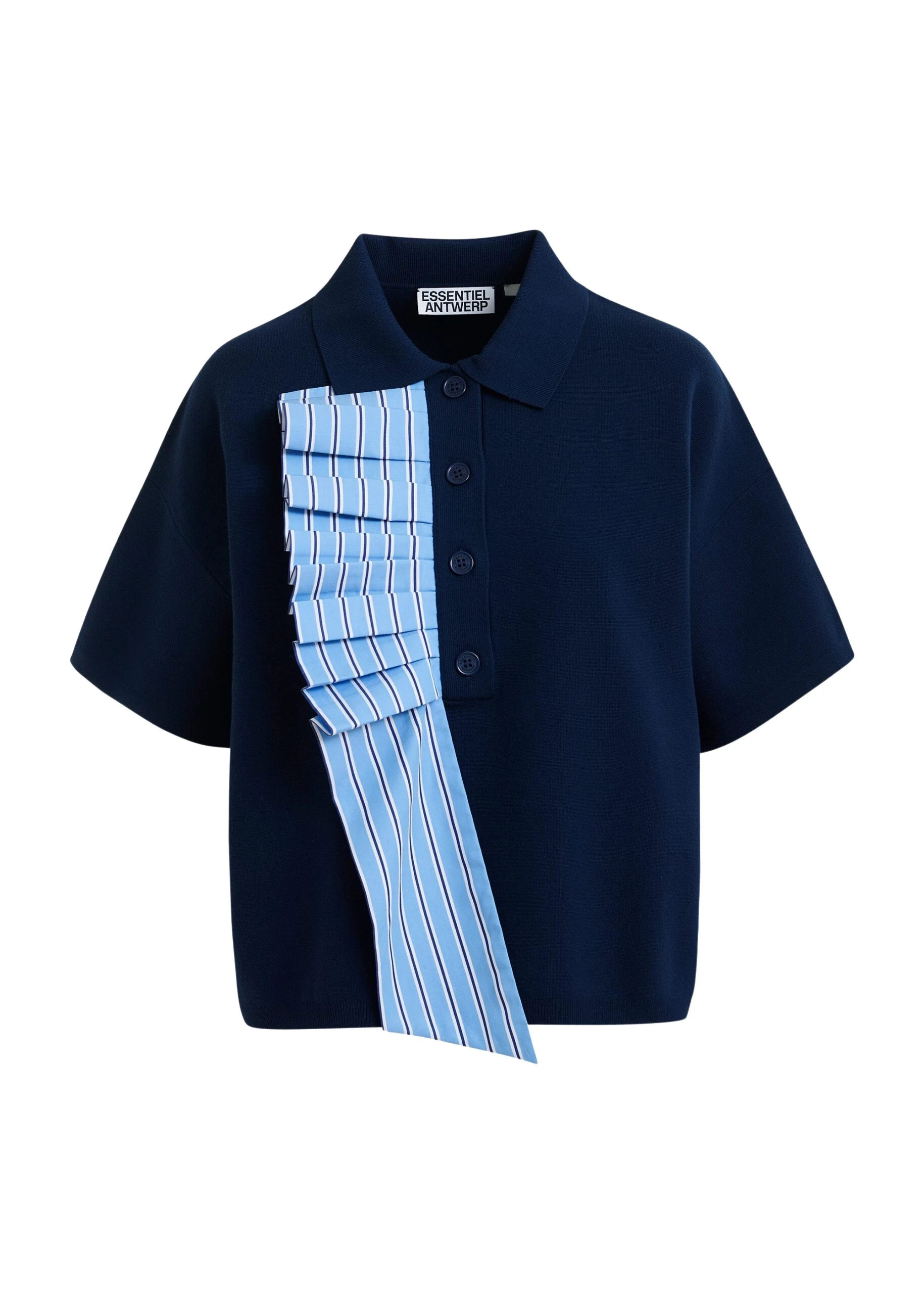 Essentiel Antwerp Navy and light blue ruffle fine-knit polo top
