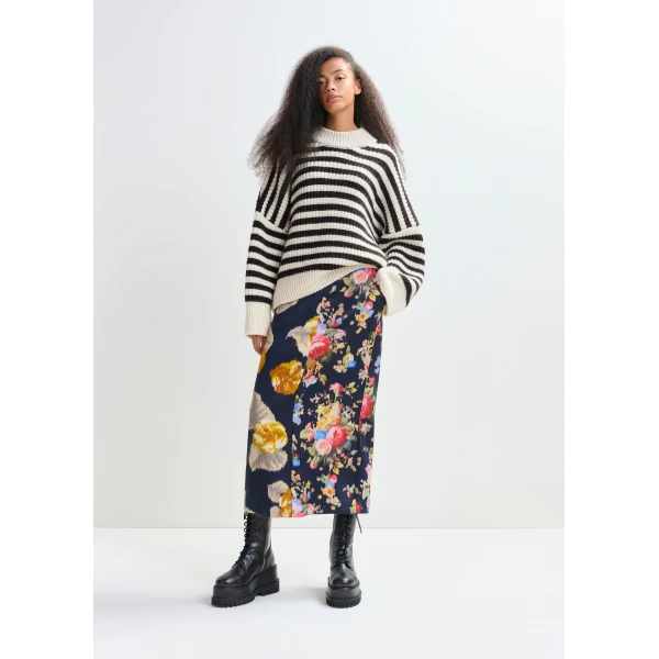 Essentiel Antwerp Navy and multicolor dual floral print maxi skirt, view 2