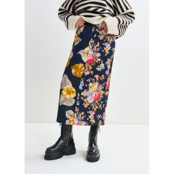 Essentiel Antwerp Navy and multicolor dual floral print maxi skirt, view 3
