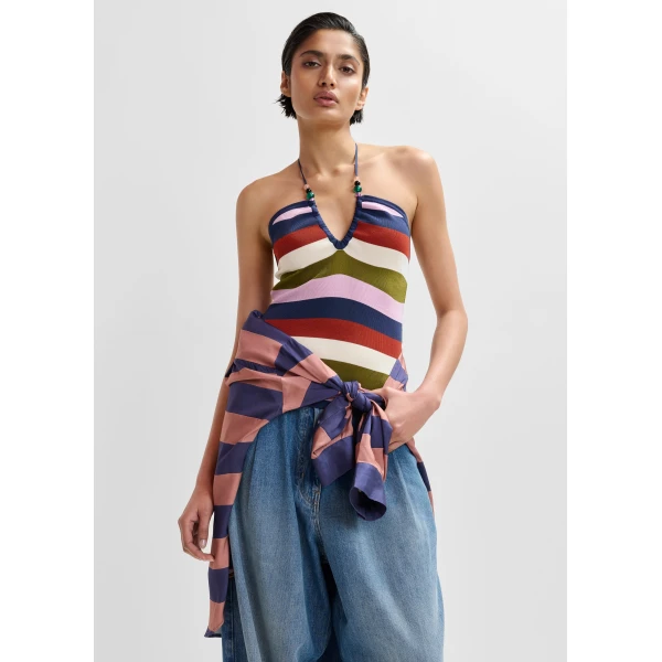 Essentiel Antwerp Navy and multicolor striped halterneck knit top, view 2