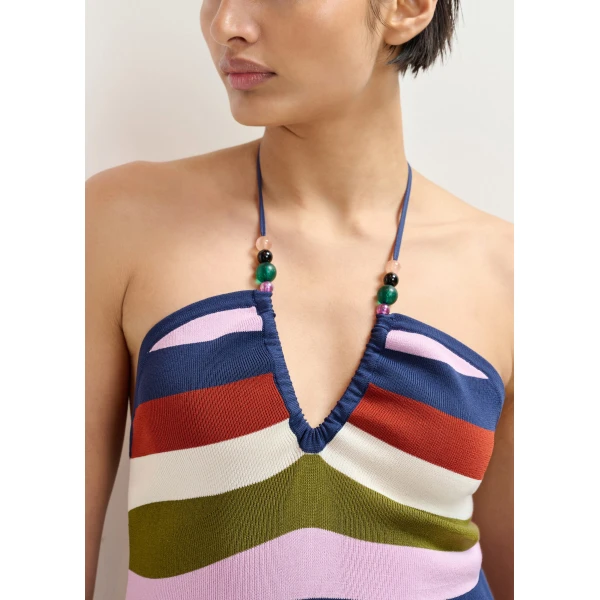 Essentiel Antwerp Navy and multicolor striped halterneck knit top, view 3