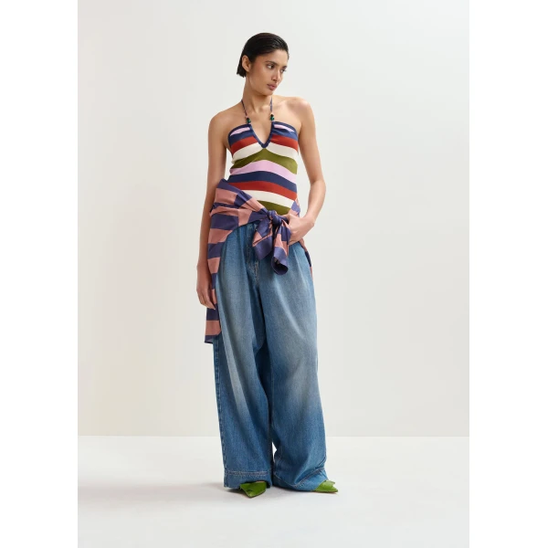 Essentiel Antwerp Navy and multicolor striped halterneck knit top, view 5