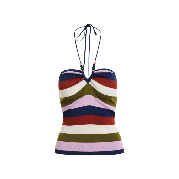 Essentiel Antwerp Navy and multicolor striped halterneck knit top