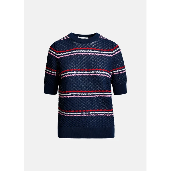 Essentiel Antwerp Navy and multicolor striped honeycomb knit polo with rhinestone-embellished detachable collar, view 2