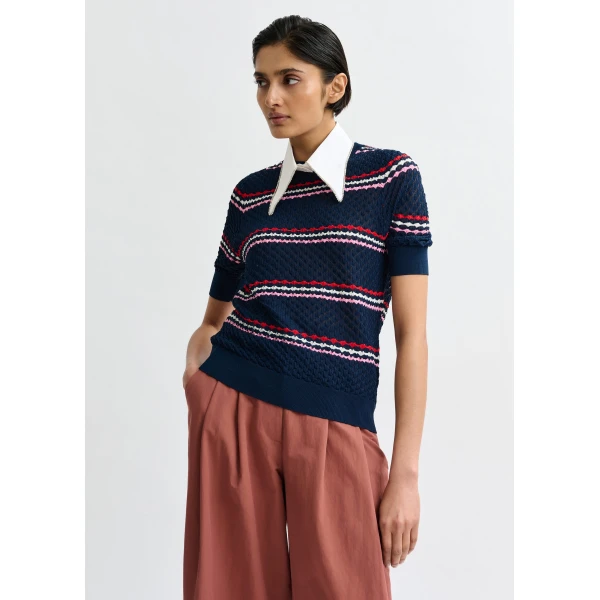 Essentiel Antwerp Navy and multicolor striped honeycomb knit polo with rhinestone-embellished detachable collar, view 3