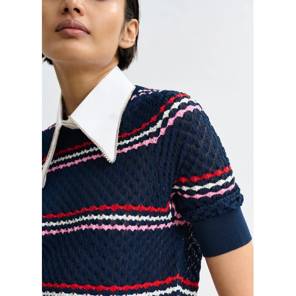 Essentiel Antwerp Navy and multicolor striped honeycomb knit polo with rhinestone-embellished detachable collar, view 4