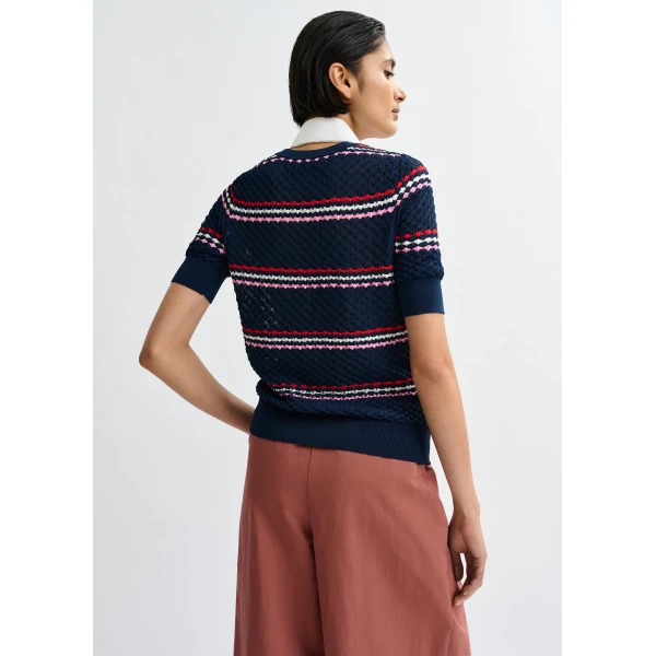 Essentiel Antwerp Navy and multicolor striped honeycomb knit polo with rhinestone-embellished detachable collar, view 5