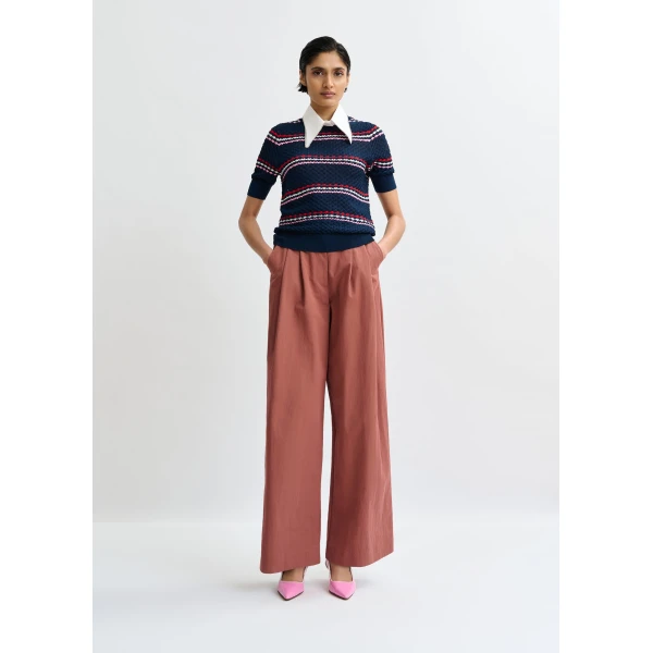 Essentiel Antwerp Navy and multicolor striped honeycomb knit polo with rhinestone-embellished detachable collar, view 6