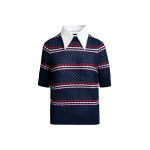 Essentiel Antwerp Navy and multicolor striped honeycomb knit polo with rhinestone-embellished detachable collar