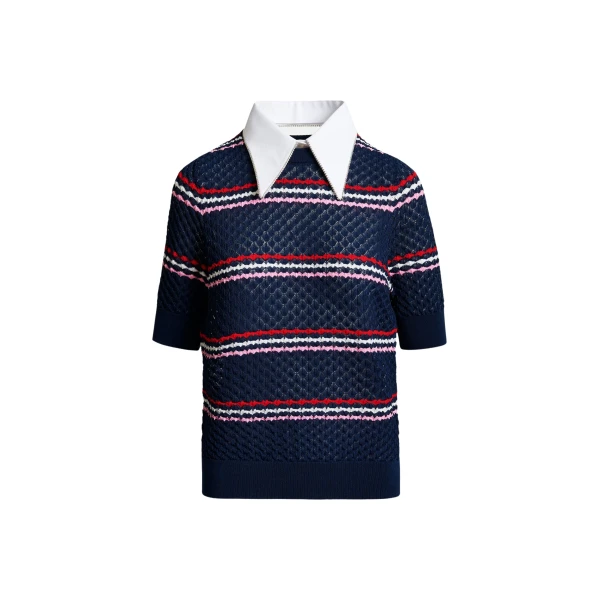 Essentiel Antwerp Navy and multicolor striped honeycomb knit polo with rhinestone-embellished detachable collar