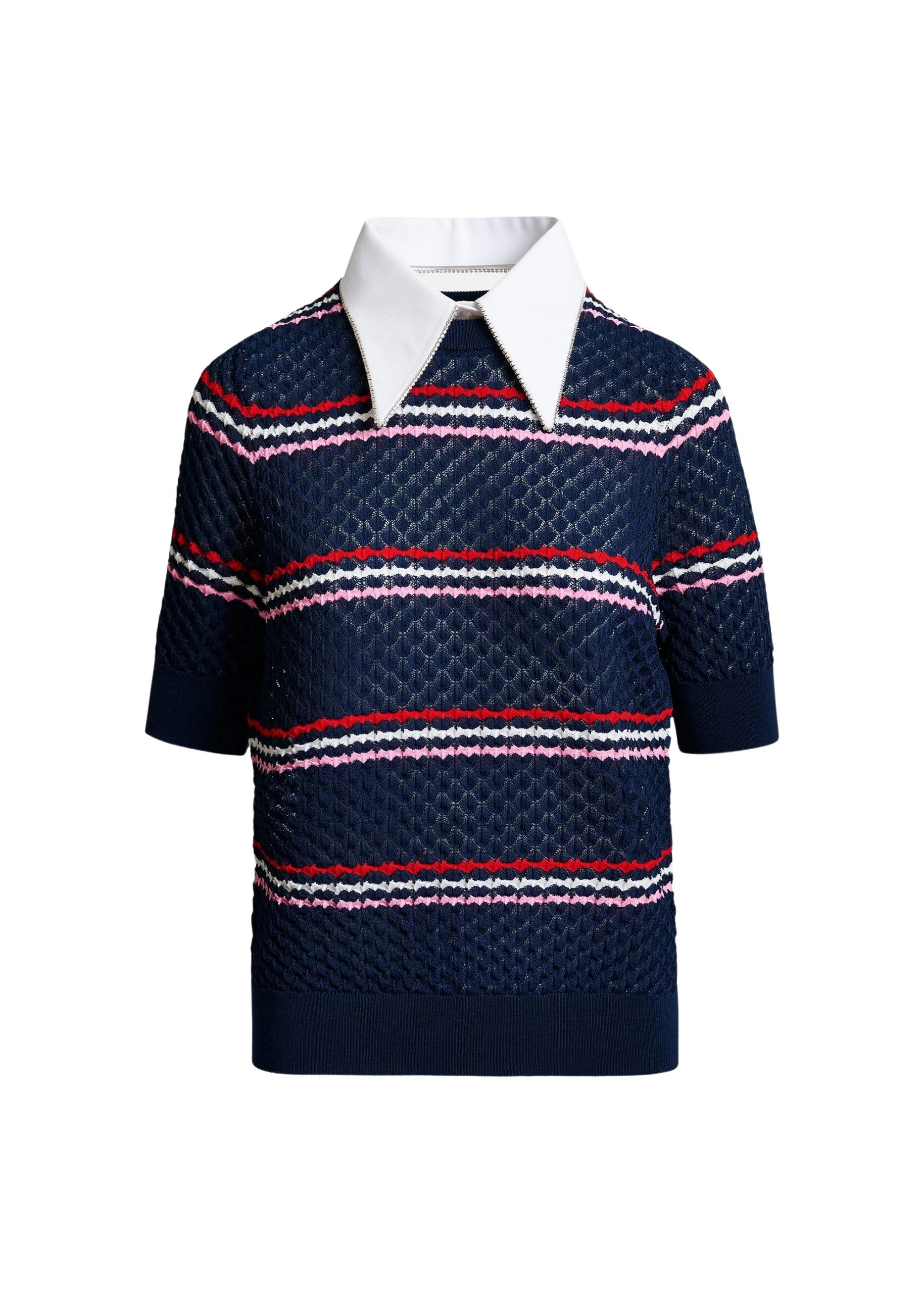 Essentiel Antwerp Navy and multicolor striped honeycomb knit polo with rhinestone-embellished detachable collar