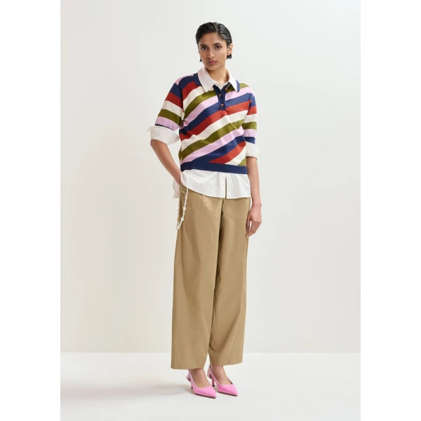 Essentiel Antwerp Navy and multicolor striped knit polo with constrasting buttons, view 2