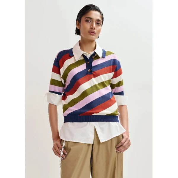 Essentiel Antwerp Navy and multicolor striped knit polo with constrasting buttons, view 3
