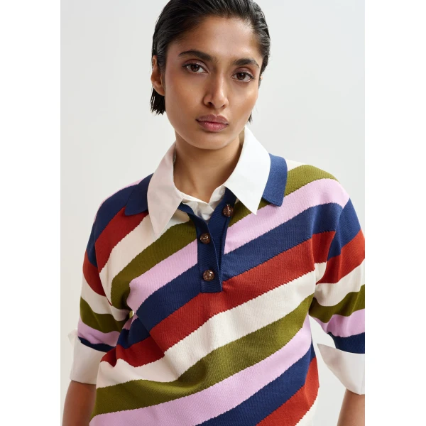 Essentiel Antwerp Navy and multicolor striped knit polo with constrasting buttons, view 4