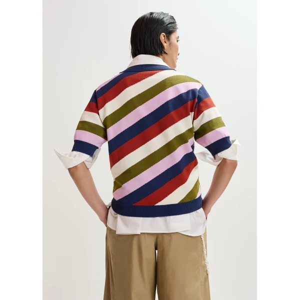 Essentiel Antwerp Navy and multicolor striped knit polo with constrasting buttons, view 5