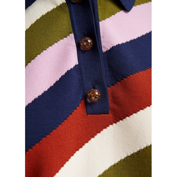 Essentiel Antwerp Navy and multicolor striped knit polo with constrasting buttons, view 6