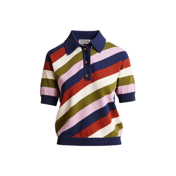Essentiel Antwerp Navy and multicolor striped knit polo with constrasting buttons