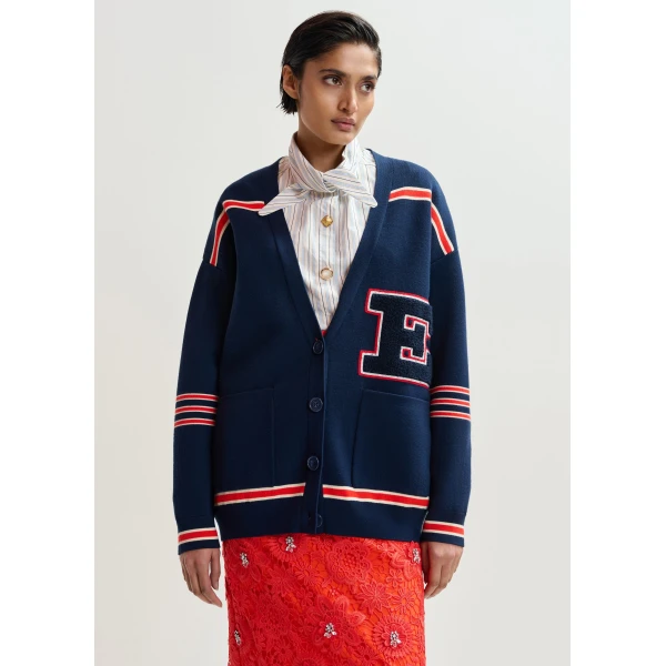 Essentiel Antwerp Navy appliquéd cardigan with red stripes, view 2