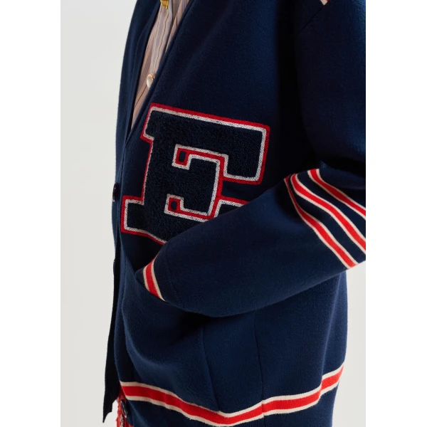 Essentiel Antwerp Navy appliquéd cardigan with red stripes, view 3