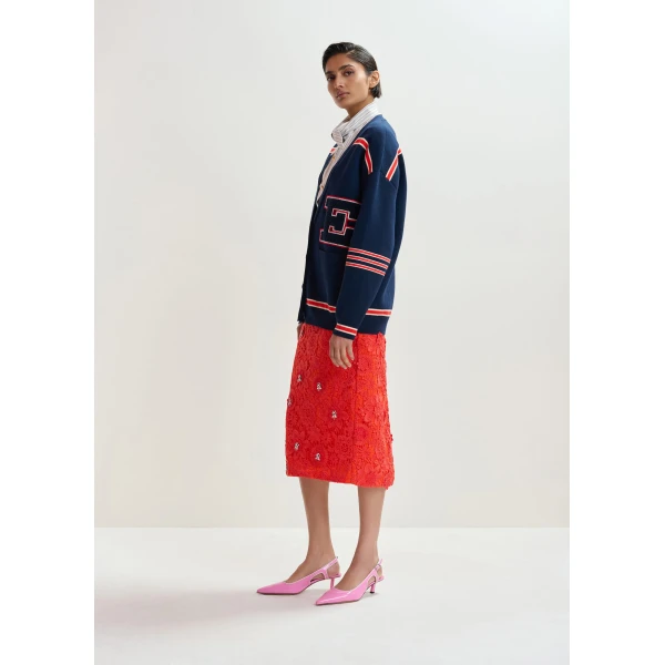 Essentiel Antwerp Navy appliquéd cardigan with red stripes, view 4