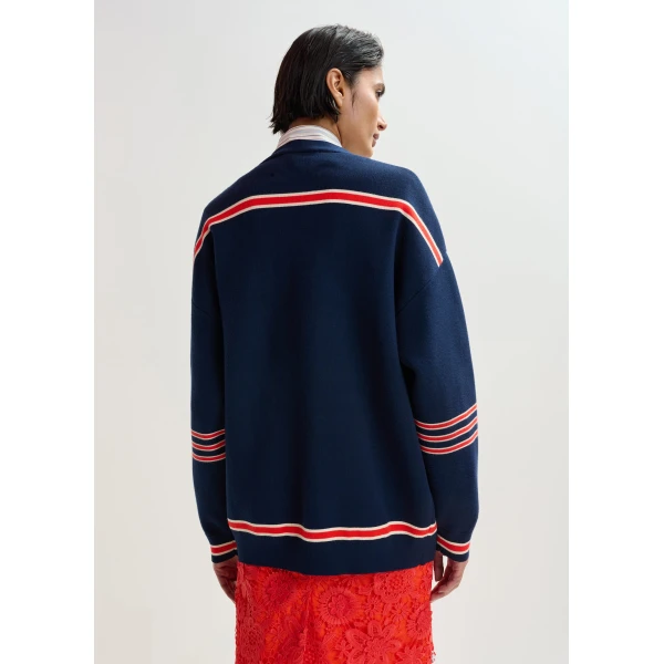 Essentiel Antwerp Navy appliquéd cardigan with red stripes, view 5