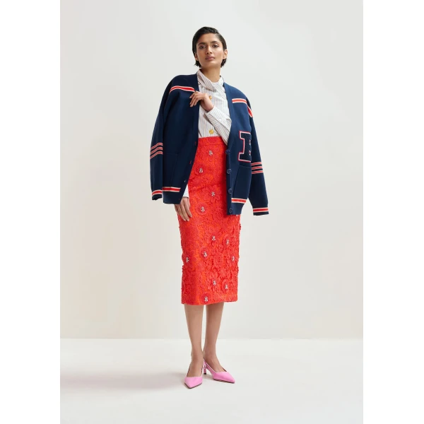 Essentiel Antwerp Navy appliquéd cardigan with red stripes, view 6
