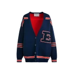 Essentiel Antwerp Navy appliquéd cardigan with red stripes
