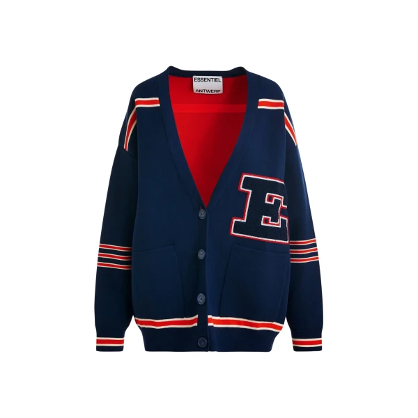 Essentiel Antwerp Navy appliquéd cardigan with red stripes