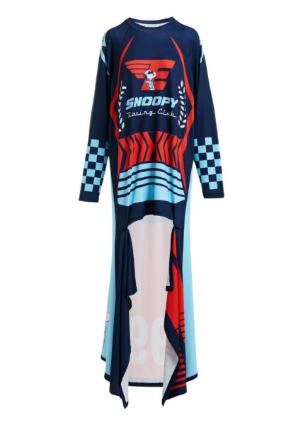 Navy asymmetrical graphic jersey mini dress with red and light blue Peanuts™ print