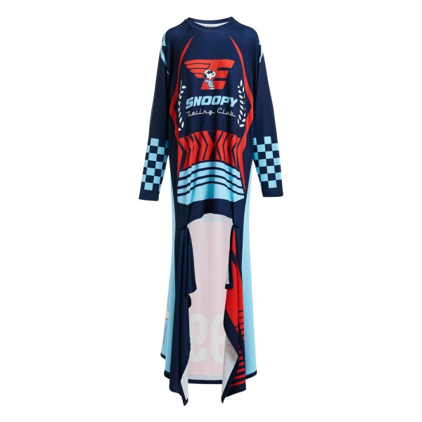 Navy asymmetrical graphic jersey mini dress with red and light blue Peanuts™ print
