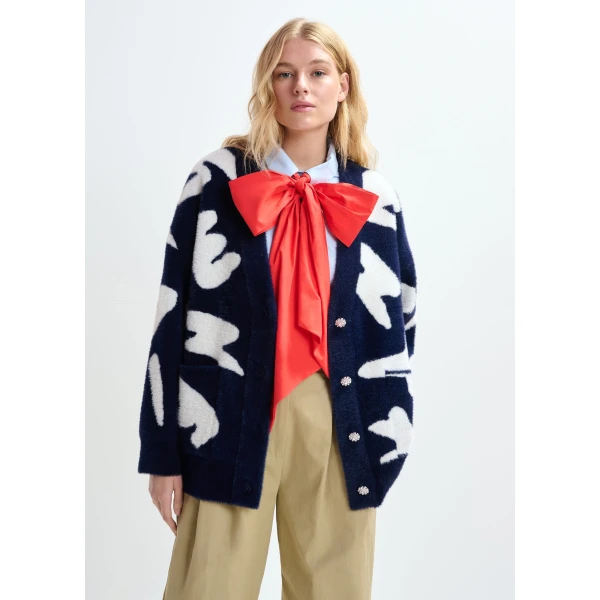 Essentiel Antwerp Navy cardigan with white letter print and rhinestone buttons, view 2