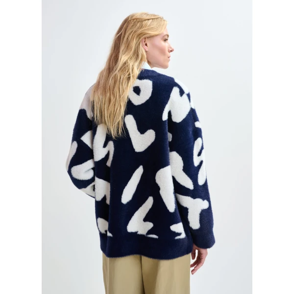 Essentiel Antwerp Navy cardigan with white letter print and rhinestone buttons, view 3