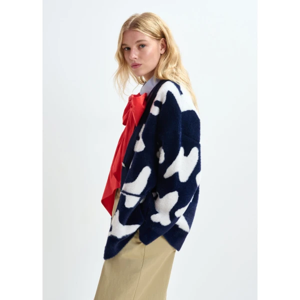 Essentiel Antwerp Navy cardigan with white letter print and rhinestone buttons, view 4