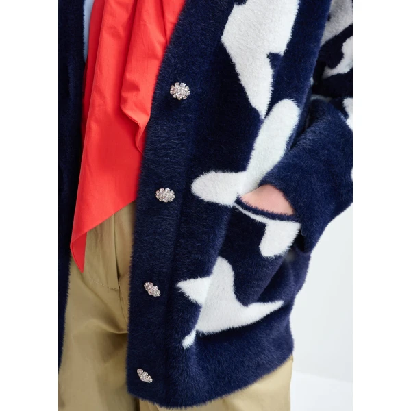 Essentiel Antwerp Navy cardigan with white letter print and rhinestone buttons, view 5