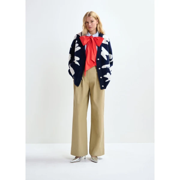 Essentiel Antwerp Navy cardigan with white letter print and rhinestone buttons, view 6