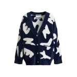 Essentiel Antwerp Navy cardigan with white letter print and rhinestone buttons
