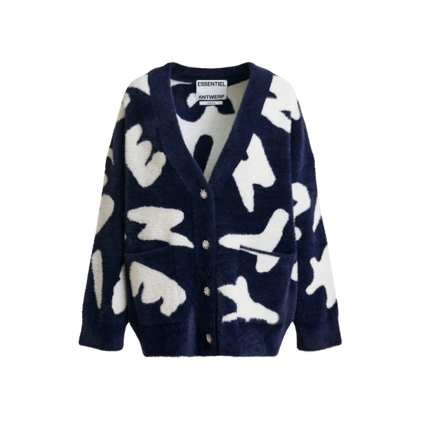 Essentiel Antwerp Navy cardigan with white letter print and rhinestone buttons