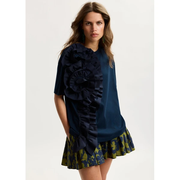 Essentiel Antwerp Navy cotton T-shirt with oversized floral ruffle detail Top, view 2