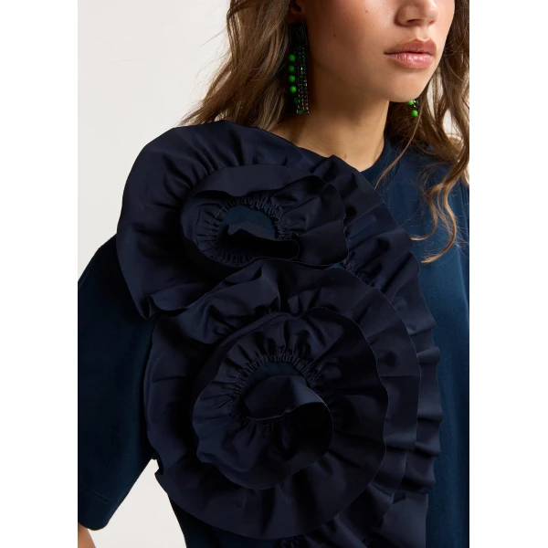 Essentiel Antwerp Navy cotton T-shirt with oversized floral ruffle detail Top, view 3