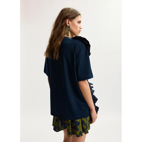 Essentiel Antwerp Navy cotton T-shirt with oversized floral ruffle detail Top, view 4