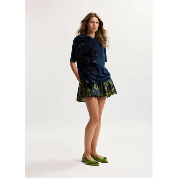 Essentiel Antwerp Navy cotton T-shirt with oversized floral ruffle detail Top, view 5