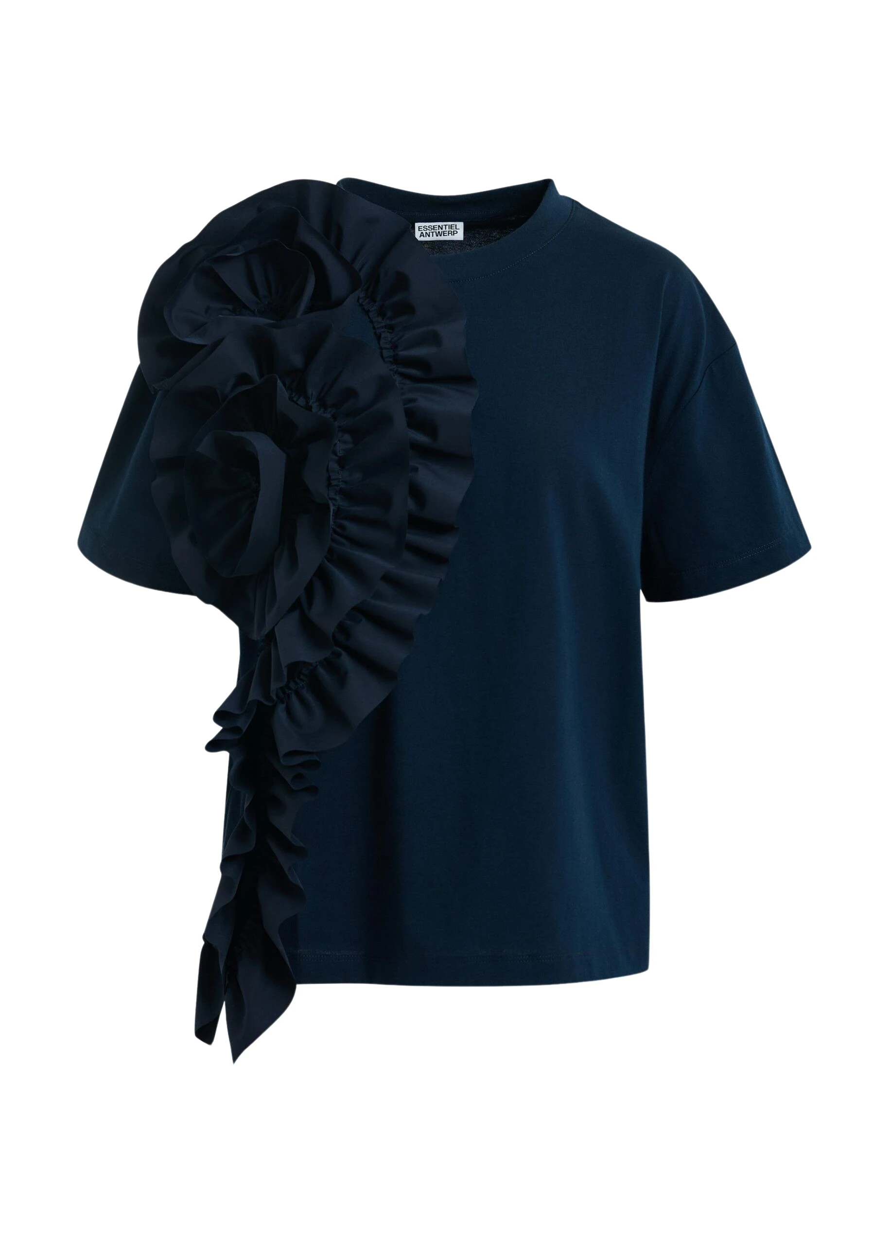 Essentiel-Antwerp-Navy-cotton-T-shirt-with-oversized-floral-ruffle-detail-scaled90176_nobg Essentiel Antwerp Navy cotton T-shirt with oversized floral ruffle detail Top