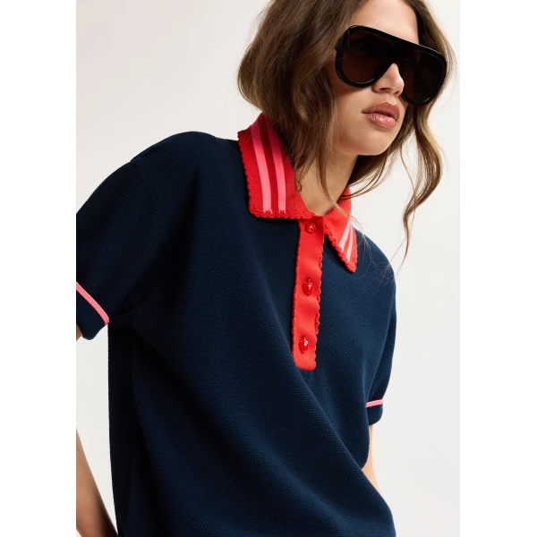 Essentiel Antwerp Navy fine knit polo top with red and pink lace-trimmed collar and strawberry-shaped buttons, view 2